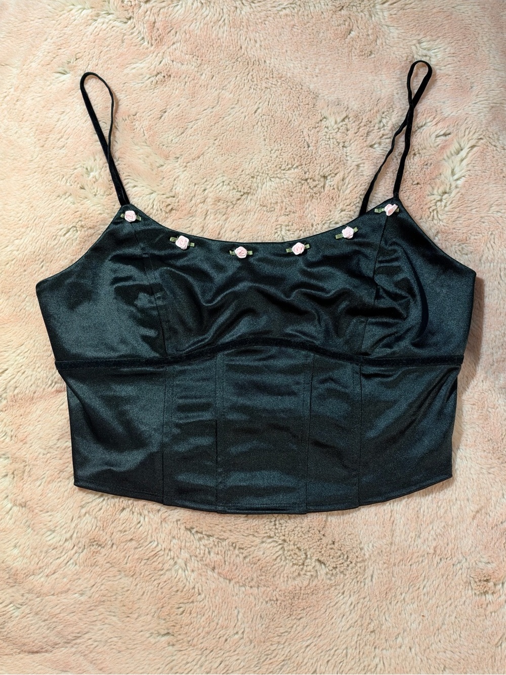 wild fable Black Satin Cami Crop Top with Pink Rose Accents
